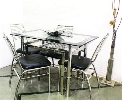 Stainless Steel Dining Table With Glass Top Seater Ring Model