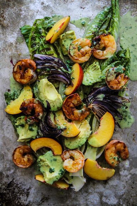 Grilled Romaine Prawn Avocado And Nectarine Salad With Jalapeno Honey