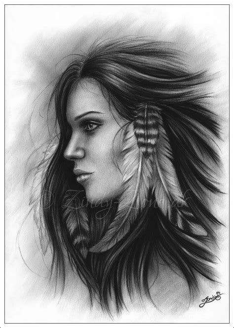 A Drawing Of A Woman With Long Hair And Feathers On Her Head Looking