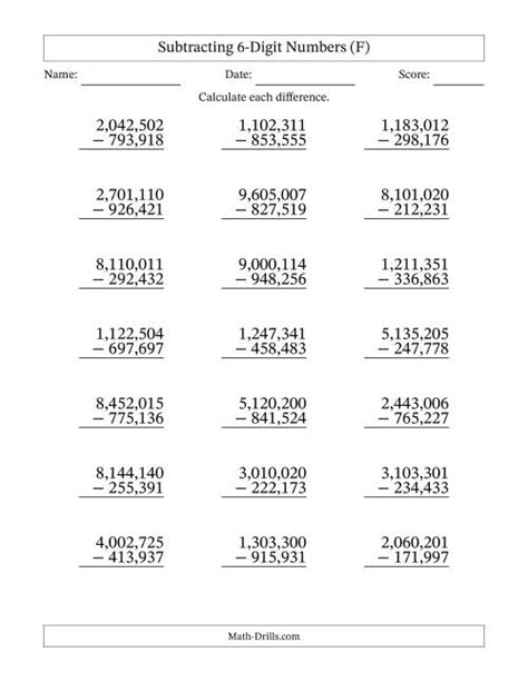 Subtracting 6 Digit Numbers With All Regrouping With Comma Separated