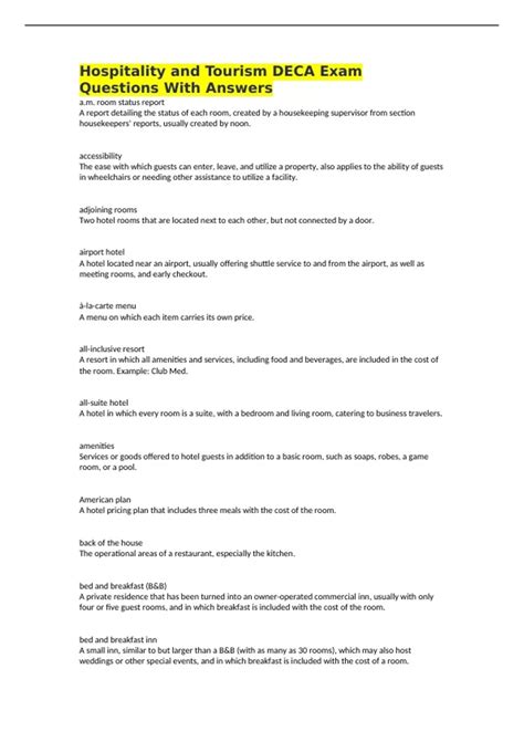 hospitality  tourism deca exam questions  answers deca