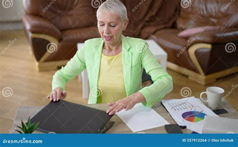 Satisfied Businesswoman Sending E Mail Closing Laptop Crossing Hands