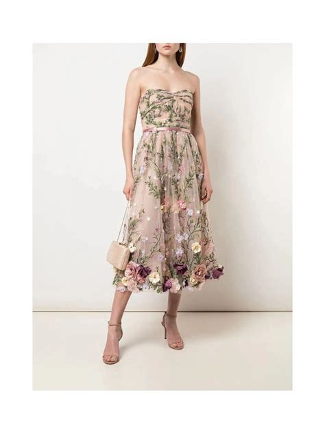 Marchesa Notte Strapless D Floral Embroidered Tea Length Dress