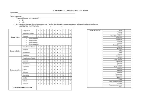 Scheda Sensoriale Vini Scheda Di Valutazione Dei Vini Rossi