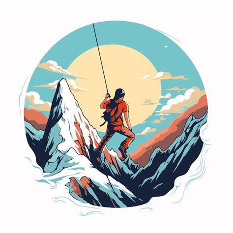 Alpinista no pico da montanha Ilustração vetorial em estilo plano