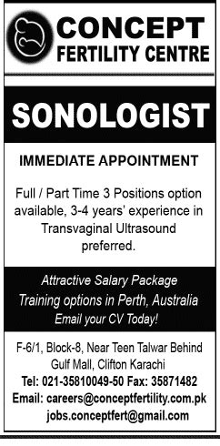 Sonologist Jobs in Concept Fertility Centre Karachi - medicalkidunya