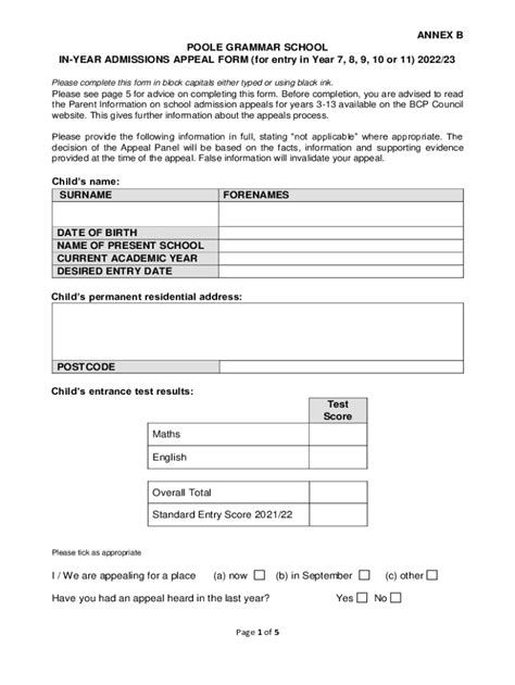 Fillable Online Annex A Poole Grammar School Admissions Appeal Form Fax