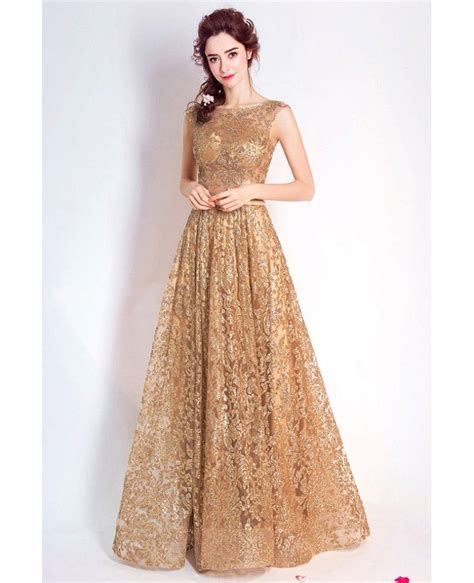 Luxury Gold Sparkly Lace A Line Formal Dress Sleeveless Wholesale T69270