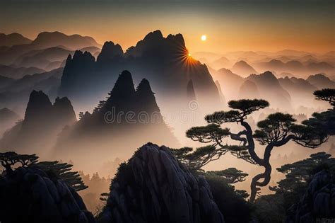 Early Morning Sunrise in the Huangshan Mountains,Generative AI Stock Illustration - Illustration ...