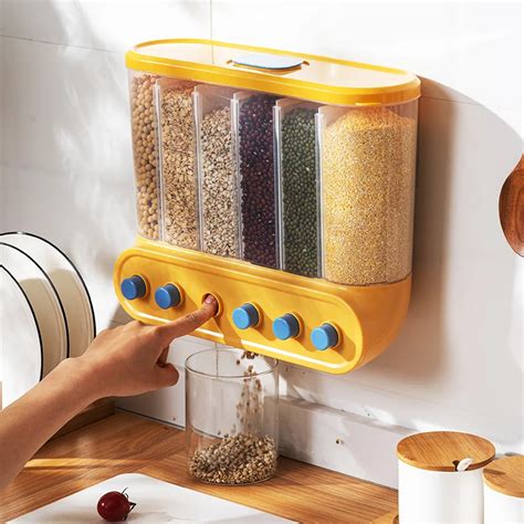 Kitchen Containers 4 Grids Cereal Dispenser Wall Mounted Sealed Cereal