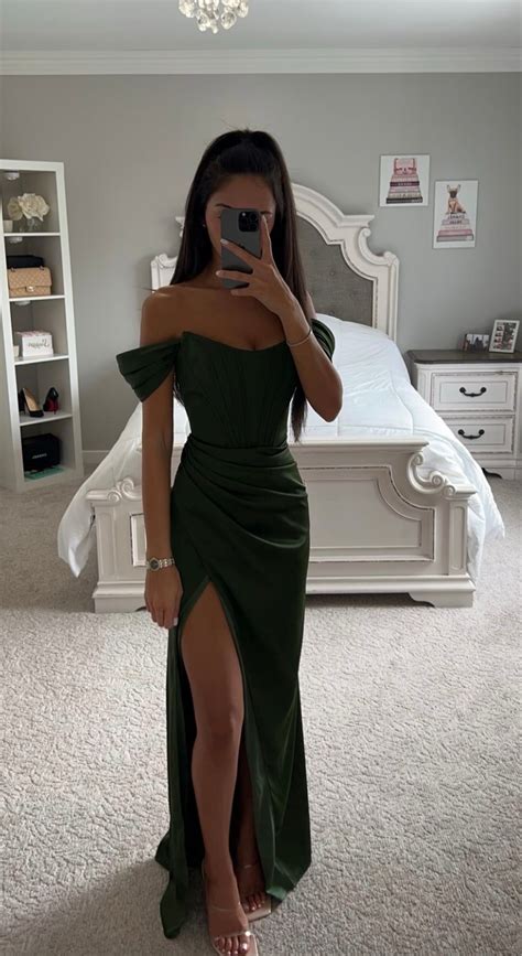 Olive Corset Off Shoulder Satin Gown Prom Dress Inspiration Elegant