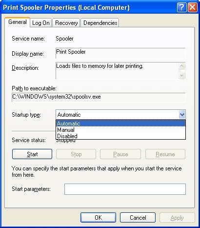 service startup types  windows xp service console
