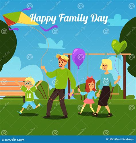 Happy Family Day - Cartoon Parents and Children Walking in a Park Stock ...