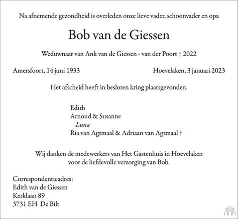 Bob Van De Giessen Overlijdensbericht En Condoleances