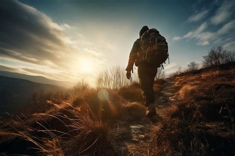 Un Hombre Subiendo Una Colina Con Una Mochila A La Espalda Foto Premium