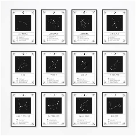 12pc Celestial Zodiac Prints Set Night Sky Printable Astrology Chart Star Sign Constellations