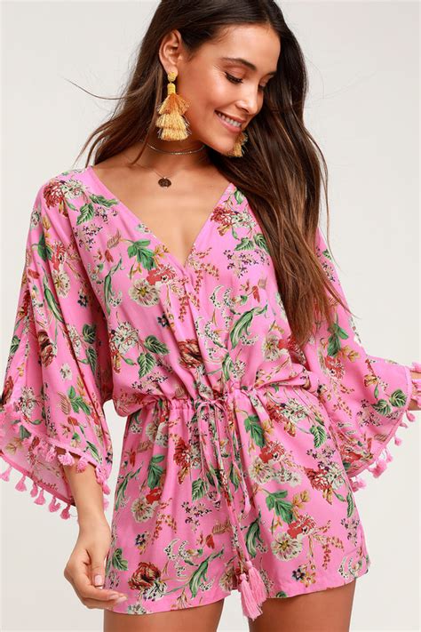 Cute Pink Floral Print Romper Kimono Sleeve Romper Surplice Lulus