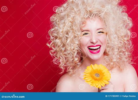 Beautiful Fashionable Blonde Girl In Retro Style With Voluminous Curly