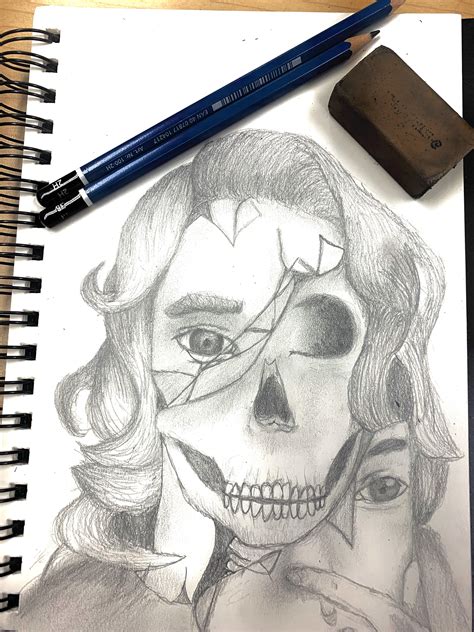 The mask broke / half face skull portrait. : r/drawing