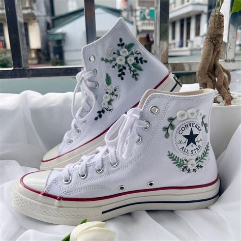 Embroidered White Flower Converse Wedding Converse High Tops For Bride