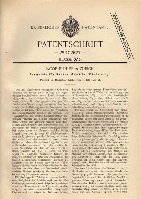 Original Patentschrift J B Hler In Z Rich Formstein F R