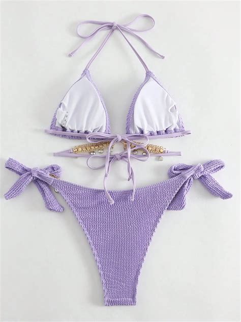 Two Piece Bikini Swimwear Beachwear Solid Color Knotted Bikini Set Women S Separate Triangle