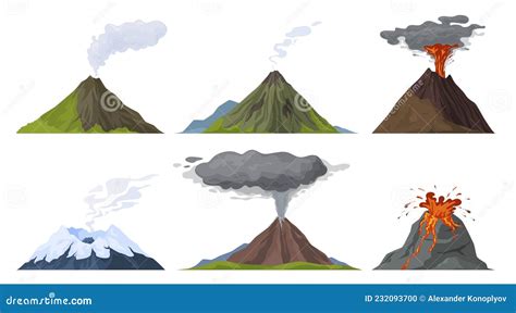 Erupting Volcano Set Vector Flat Illustration Natural Volcanic Activity With Magma Smoke