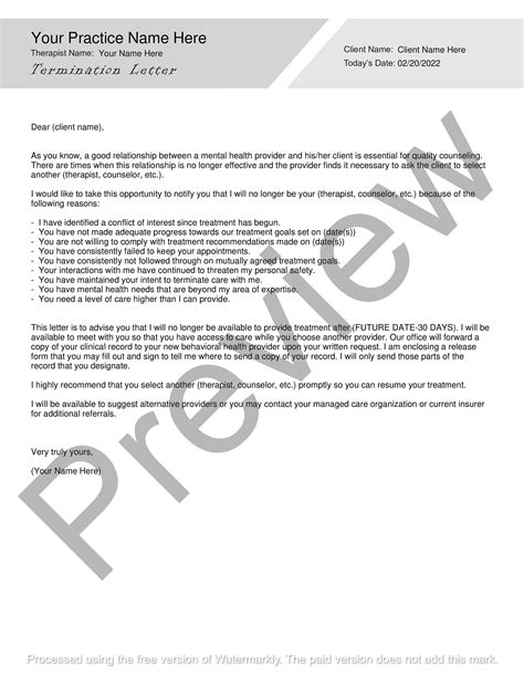 Therapy Client Termination Letter Editable Fillable Pdf Template For Counselors Psychologists