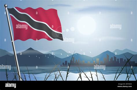 Trinidad And Tobago Flag With Sun Background Of Mountains And Lakes