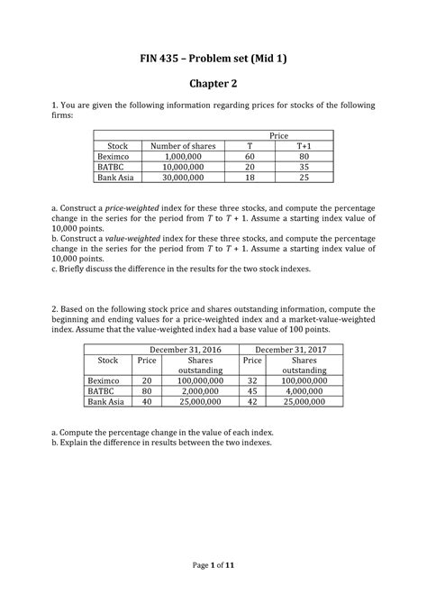 FIN 435 Exam 1 Sample Question Solution FIN 435 Problem Set Mid 1