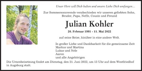 Traueranzeigen Von Julian Kohler Augsburger Allgemeine Zeitung