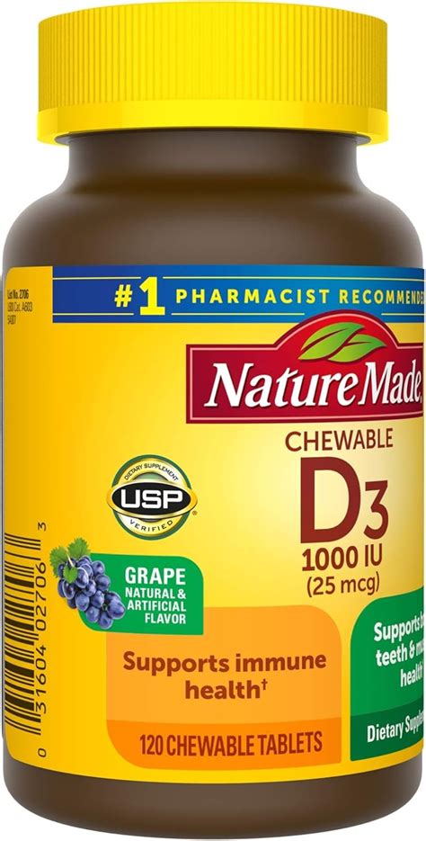 Nature Made Vitamin D3 1000 Iu 25mcg Chewable Tablets 120 Count For