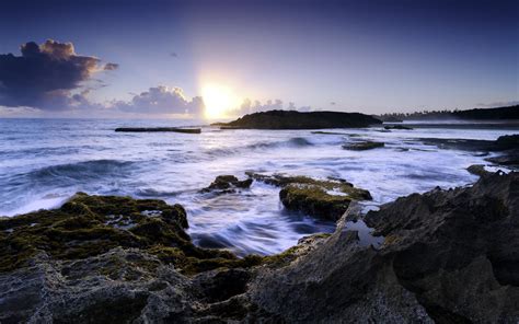 Wallpaper Sinar Matahari Pemandangan Matahari Terbenam Laut Batu