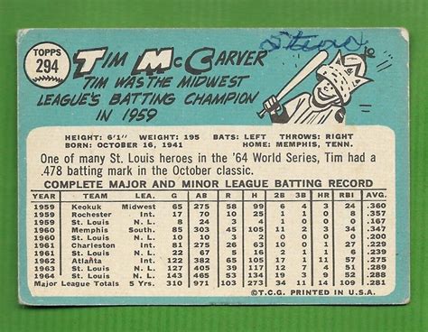 1965 Topps 294 Tim McCarver St Louis Cardinals Baseball Card EBay