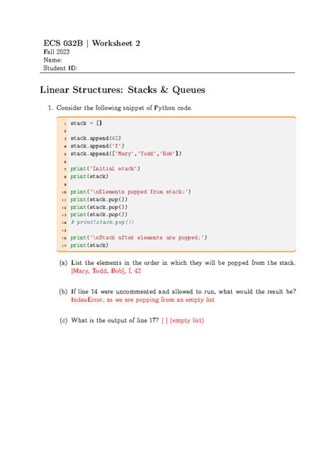 ECS32B Worksheet 2 Solutions - ECS 032B | Worksheet 2 Fall 2023 Name