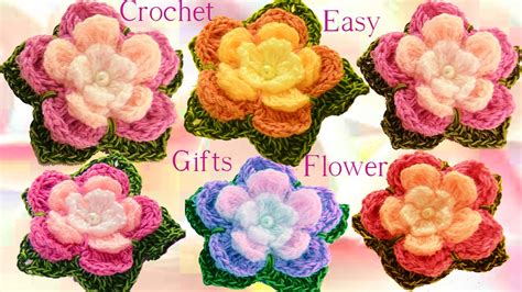 Como tejer flores de 5 pétalos triples con hojas a crochet How to