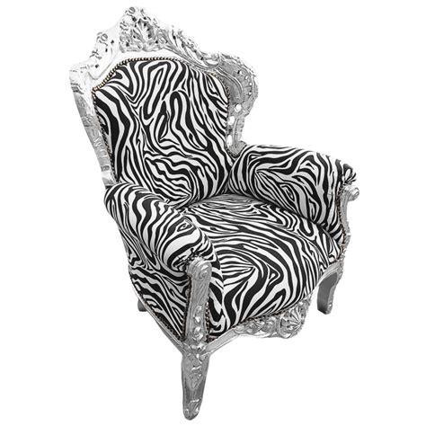 Grand Fauteuil De Style Baroque Tissu Z Bre Et Bois Argent