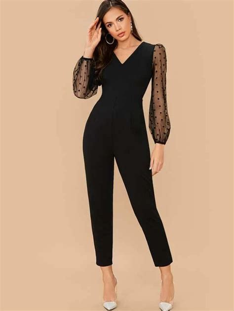 Shein Polka Dot Flocked Mesh Sleeve Cropped Jumpsuit Jumpsuit Fashion