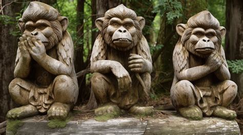 Three Carved Monkey Statues In A Forest Background Chichibu Tourist