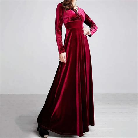 Women S Dress Autumn And Winter Velvet V Neck Solid Color Long Sleeved