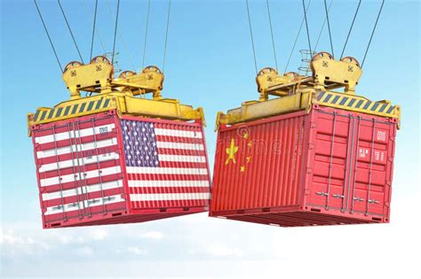 Usa China Dtrade War Cargo Shipping Contaners With Flags Of United