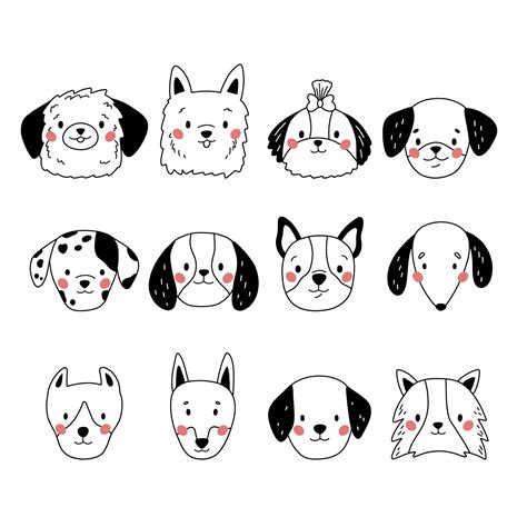 Doodle dogs faces. Hand drawn puppies heads. Different cartoon breeds