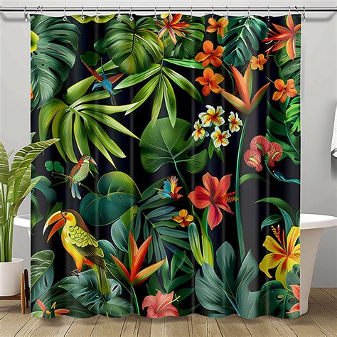 Exotic Tropical Jungle Shower Curtain With Vibrant Flowers Perfect