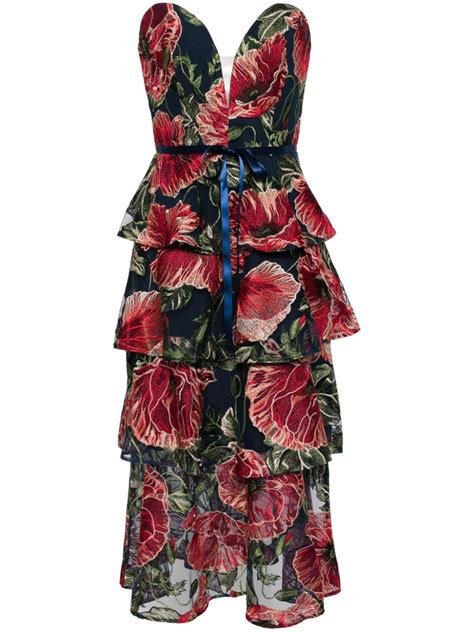 Marchesa Notte Floral Embroidered Tiered Midi Dress Farfetch