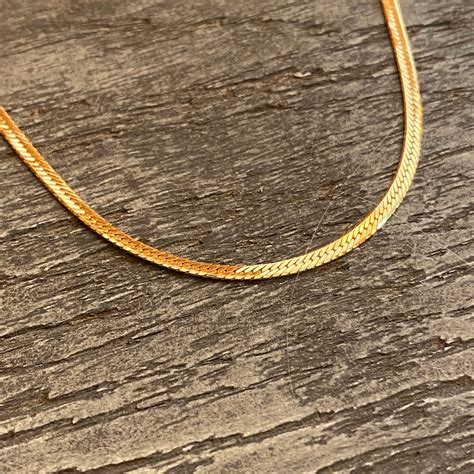 Herringbone Gold Necklace Flat Gold Necklace 18K Gold Etsy