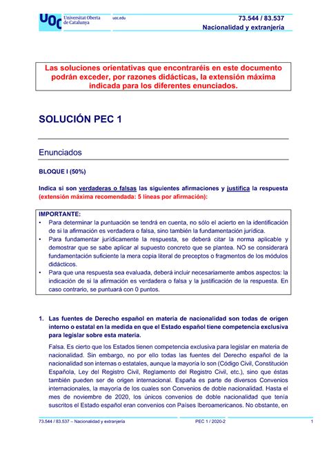 Solpec 1 2020 2 IB Solucion PEC 1 Nacionalidad y extranjería Las