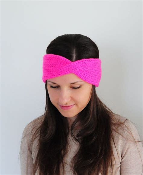 Neon Pink Twisted Headband Hot Pink Headband Knitted Earwarmers Pink