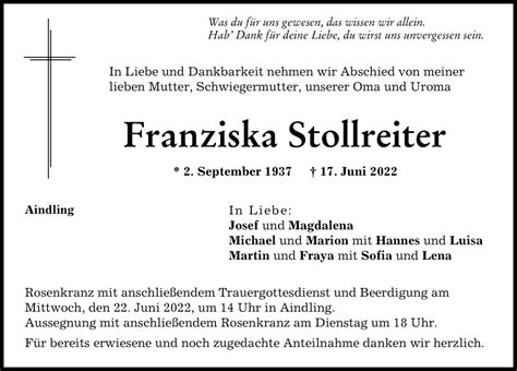 Traueranzeigen Von Franziska Stollreiter Augsburger Allgemeine Zeitung