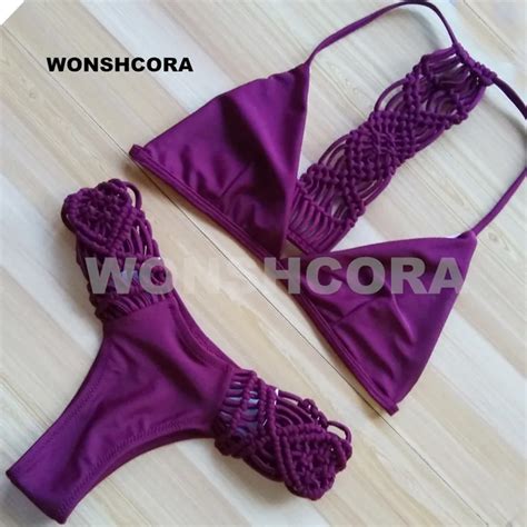 Wonshcora Bikini 2017 Hand Knit Multi Ropes Sexy Purple Women Swimming Suit Low Waist Triangle