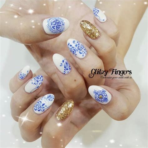 33 Porcelain Print Nails Gold Glitter China Porcelain Nails